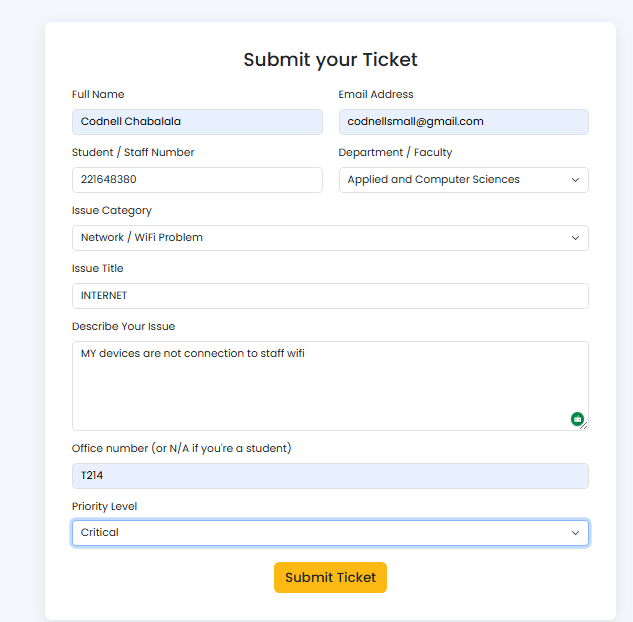 Ticket Submission Screenshot